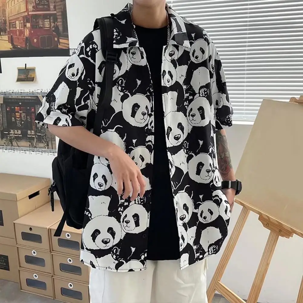

Lapel Long Sleeve Shirt Men's Summer Panda Printed Shirt Casual Loose Fit Streetwear Fashion Tee with Short Sleeves