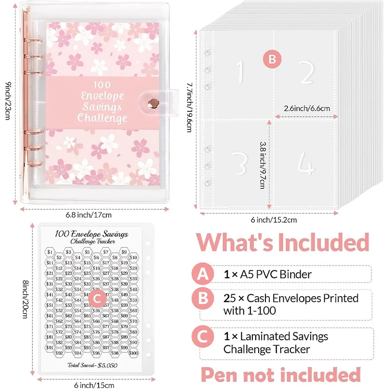 

Cherry Blossom Style 100 Envelope Savings Challenge A5 Loose-Leaf Binder Budget With Cash Envelopes Money Organizer Savings Book