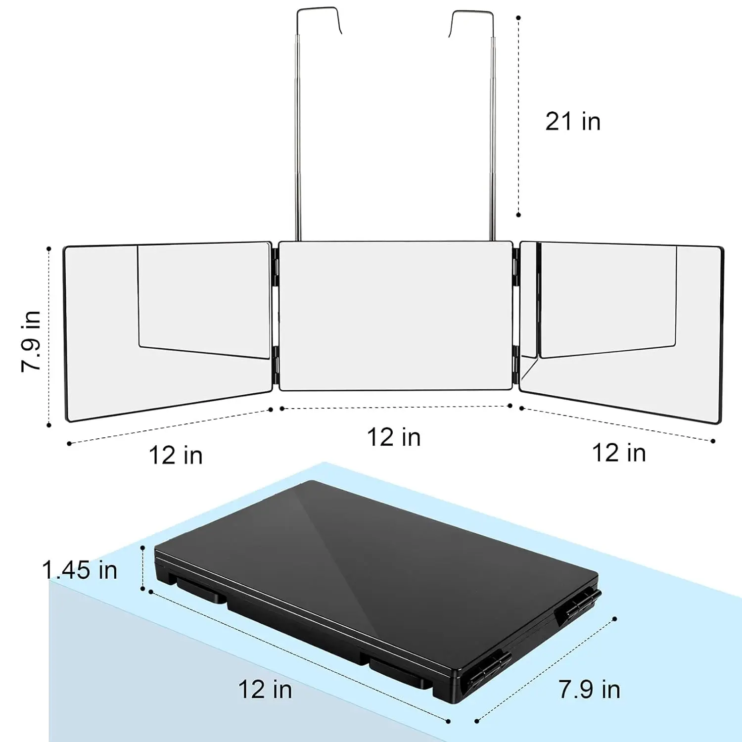 مرآة قابلة للطي ثلاثية الجوانب بزاوية 360 درجة، مر...
