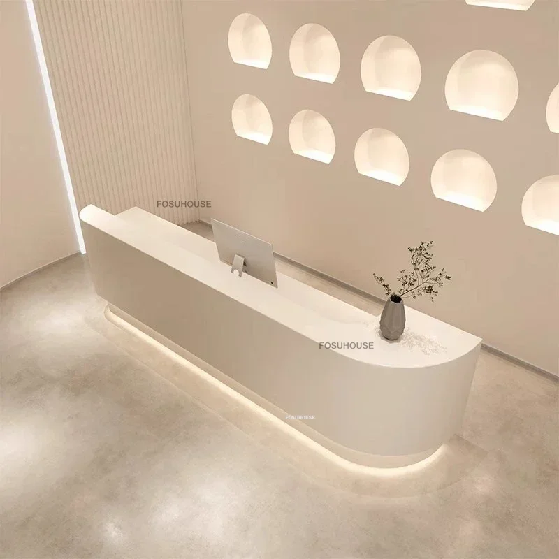 Nordic Curved Paint Reception Desks Wooden Cashier Modern Office Furniture Company Bar Front Desk Beauty Salon Reception Counter