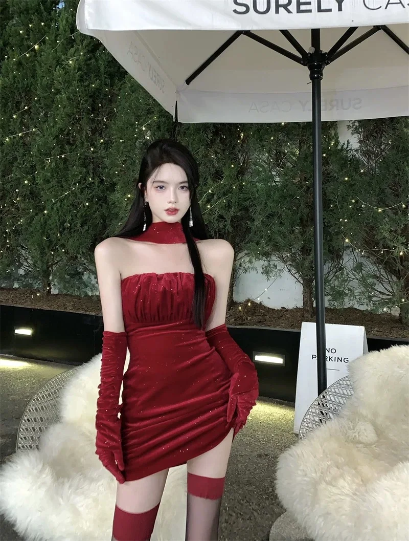 Sexy Bodycon Velvet Mini Dresses for Women Strapless Slim Waist Birthday Party Evening Dress Korean Fashion One Piece Vestidos