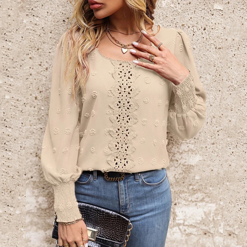 

Elegant O Neck Women Lace Blouse 2023 Fashion Polka Dot Casual Hollow Out Shirts Puff Long Sleeve Loose Tops Blusas Mujer 28615