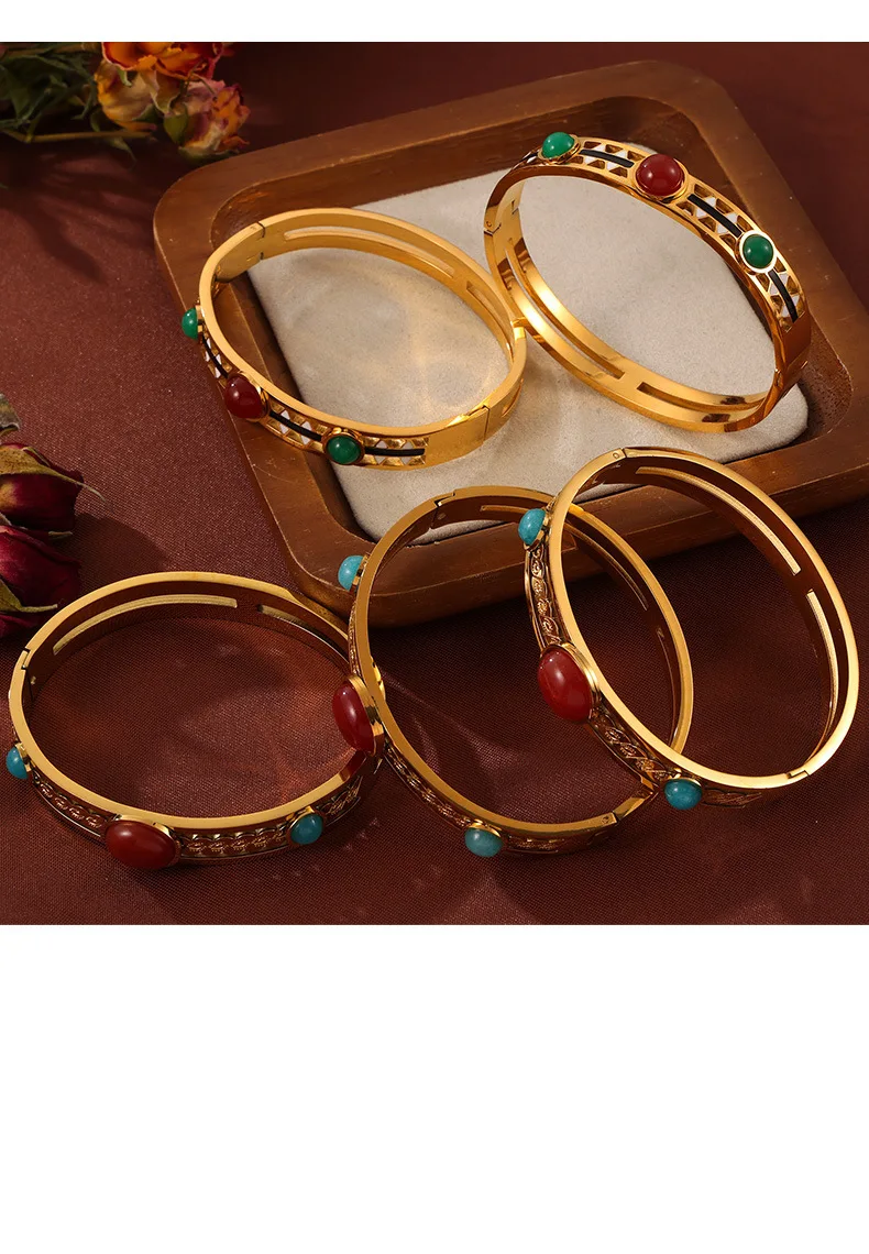 Retro ethnischen ausgehöhlten eingelegten Naturstein Titan Stahl Armband für Frauen Schnalle Armreif Emaille Schmuck Großhandel – Detail 10