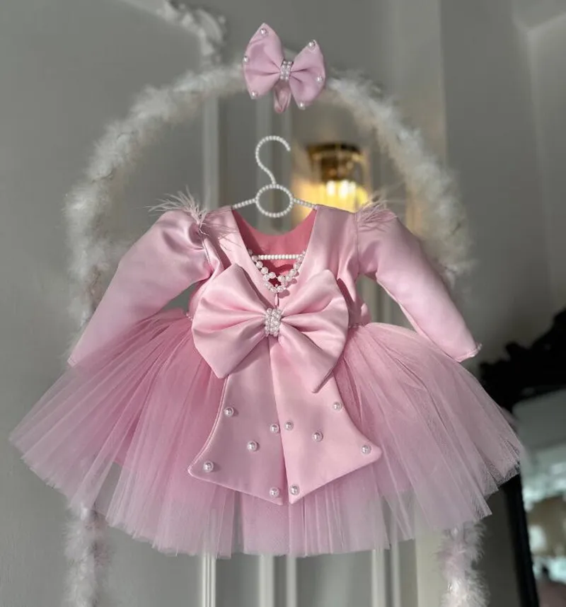 

Pink Tulle Girls Dresses Tutu Outfit Baby Birthday Gown Party Dress Flower Girl Dress Princess Style with Big Ribbon