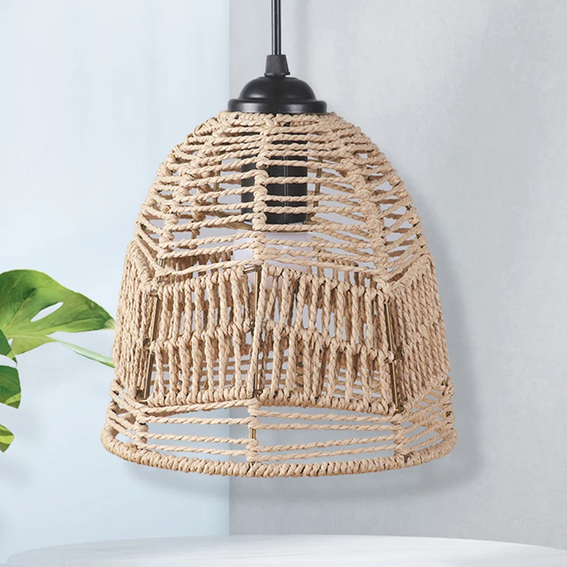 Boho papír lano handwoven proutěné stínidlo lustr obal pro restaurace přívěsek lampa stín ratanové lehký příslušenství