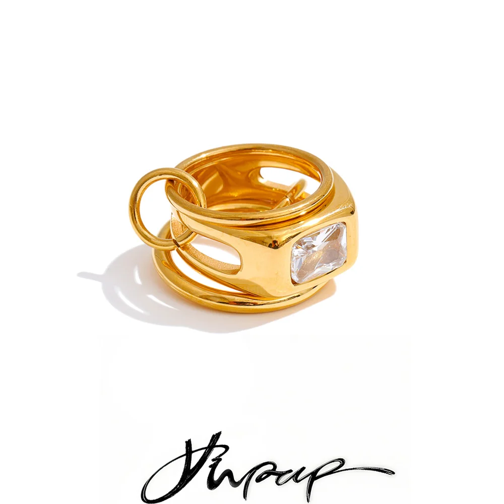 Yhpup Stainless Steel 3 Layered Finger Stacked Ring Zirconia Jewelry