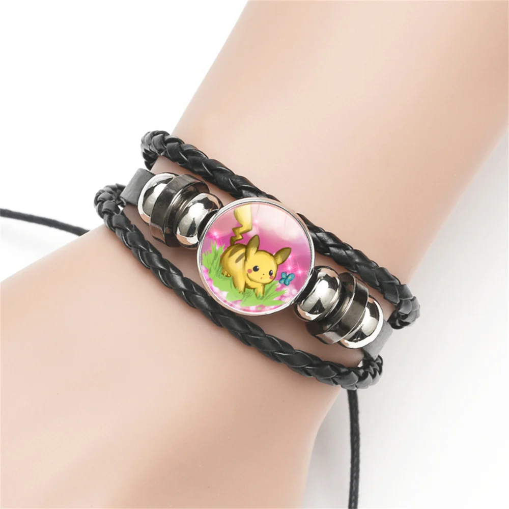 

Japanese Anime Pokemon Leather Bracelet 18mm Glass Cabochon Pokemon Adjustable Bangle Jewelry for Women Kids Gift