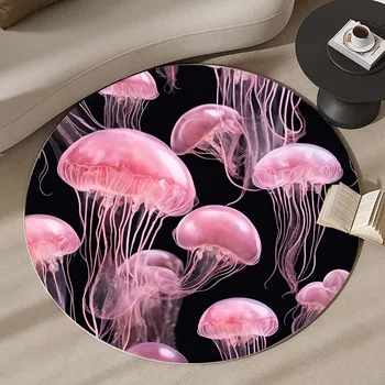Abstract Fantasy Jellyfish Red Round Rug 8 ft Area Rug - Machine Washable Marine Life Jellyfish Circle Round Rugs Non-Slip with