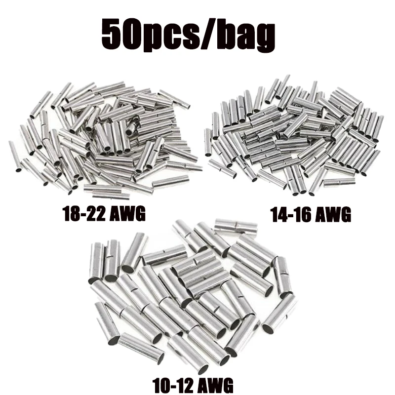 50Pcs Non Insulated Butt Splice Crimp Terminal Connector