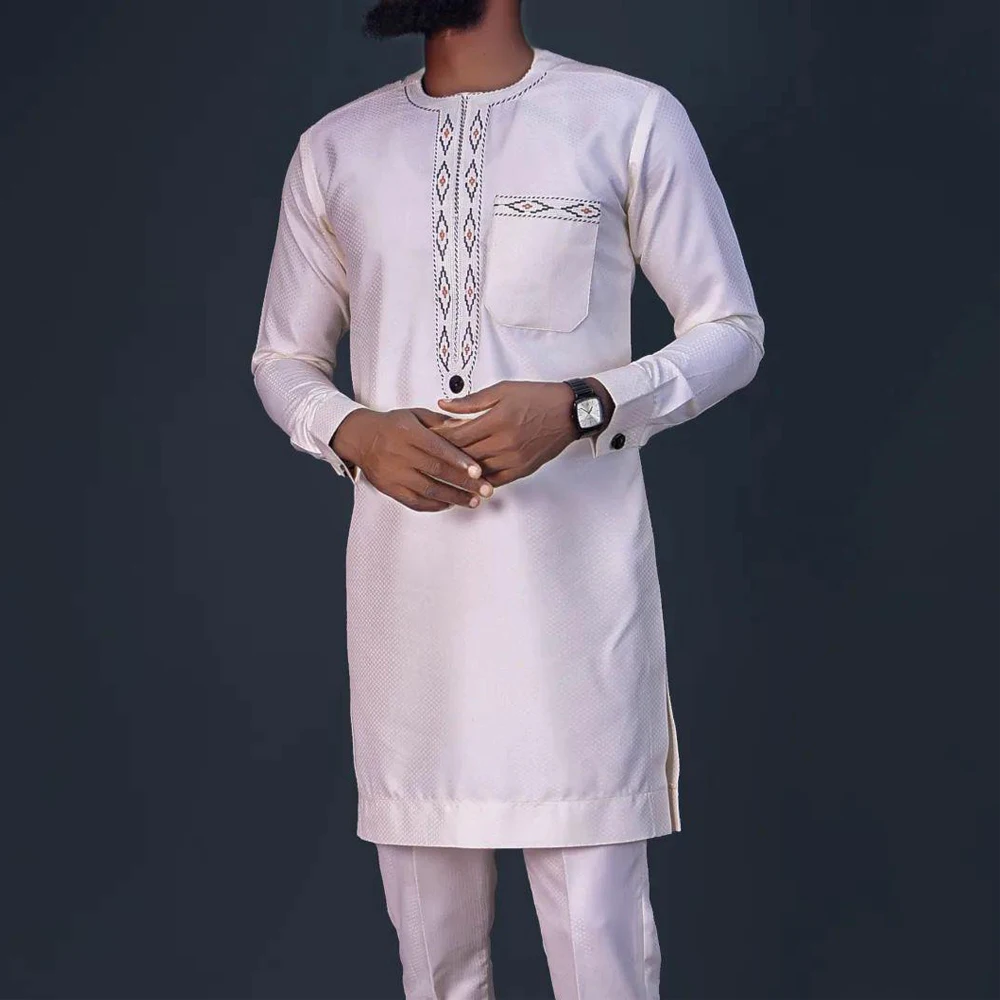 2024 New Men's Suit Top Trousers 2-piece Set Solid Color Round Neck Embroidery Long Sleeve Suit Wedding African Ethnic Style