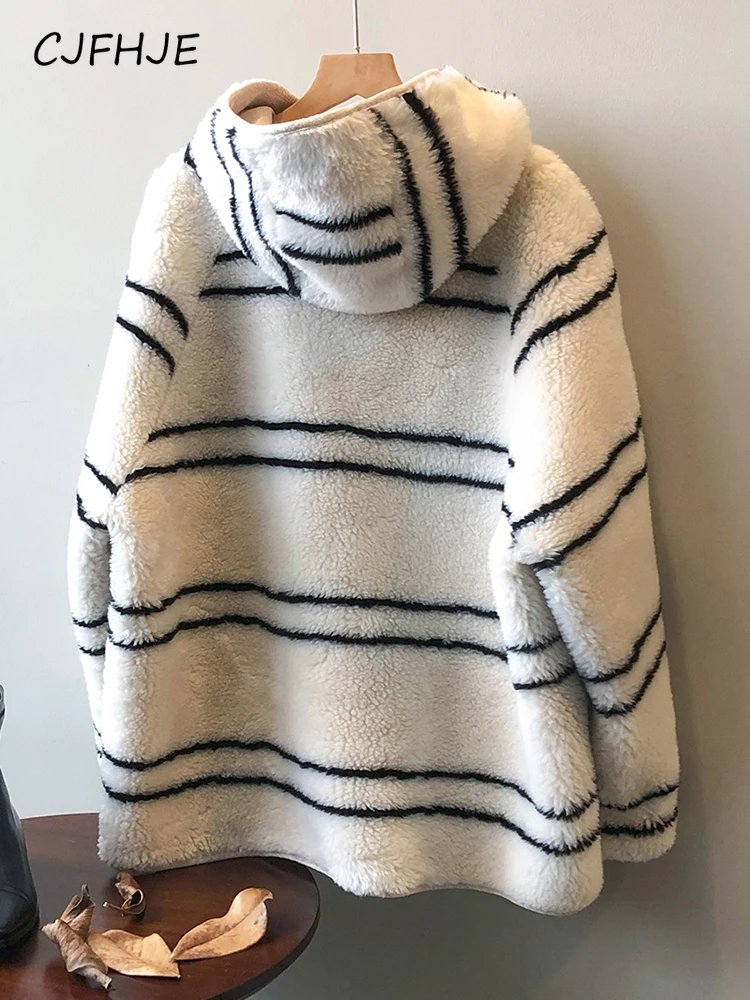 CJFHJE Hooded Teddy Lamb Wool Jackets Women New Winter Warm Korean Fashion Striped Furry Coat Ladies Pocket Plush Overcoat