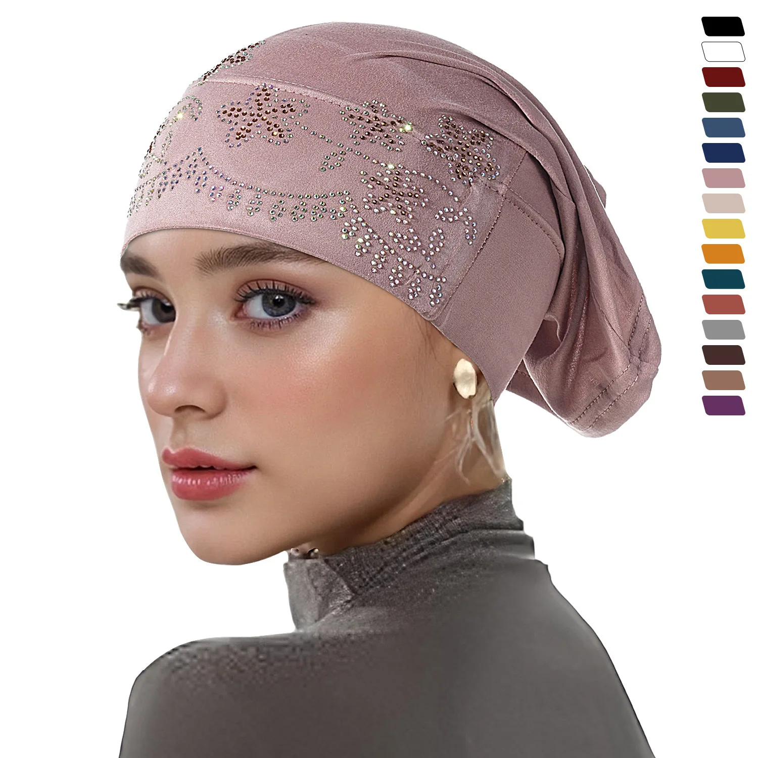Goldene Glitzerkappen, muslimische elastische Krawatte auf der Rückseite, für Damen, funkelnder Turban, glänzende Strass-Innen-Hijabs, weiche Jersey-Unterkappen
