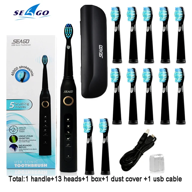 thumbnail image 1 of Cepillo de dientes eléctrico sónico Seago SG-507 para adultos, temporizador, 5 modos, cargador USB, recargable, juego de cabezales de repuesto, 1 of 5