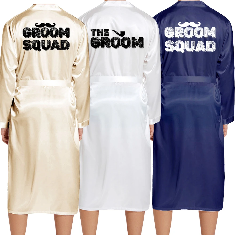 

Men Silk Satin Night Printing Robe Fashion Bath Robe Bathrobe Male Wedding Groom Robe NSP06