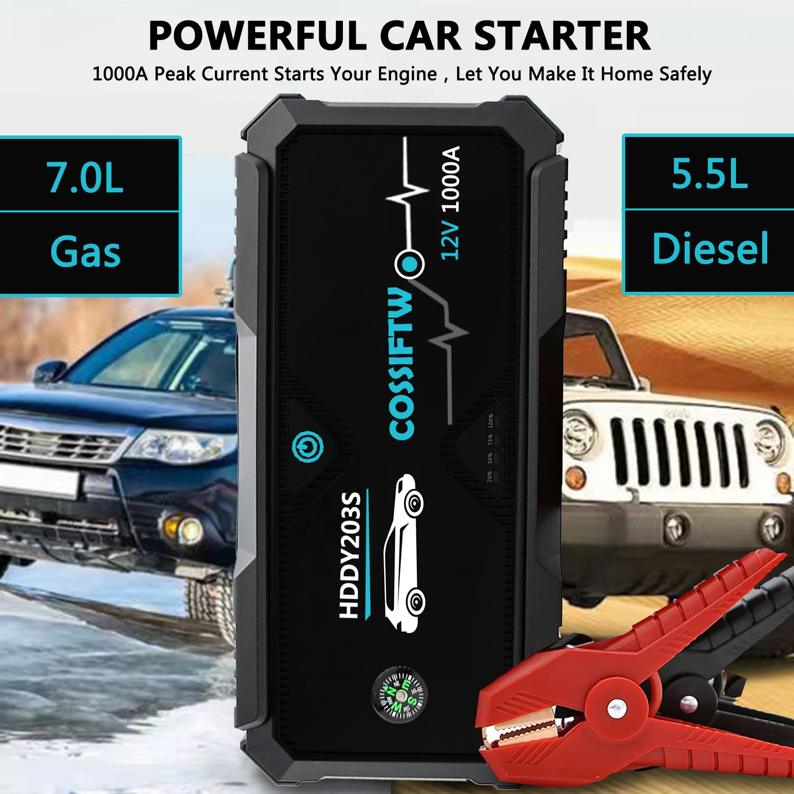 

Newly Upgraded Car Emergency Power 1000A Booster SOS Lighting USB 3.0 7L Gasoline Vehicles 5.5L Diesel Vehicles Jump Starter