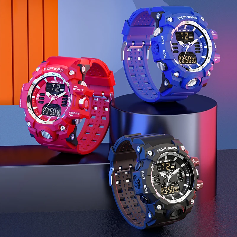 FOXBOX Watch Men Dual Display Watch Waterproof Chronograph Quartz Military Sports Mens Watches New Fashion Watches for Mens+Box
