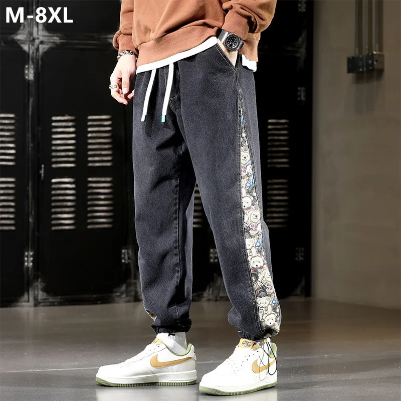 

Denim Joggers Boys 8XL 7XL 6XL Pattern Elastic Loose Harem Men Pants Jeans Plus Size Patchwork Bears Large Teenagers Trousers