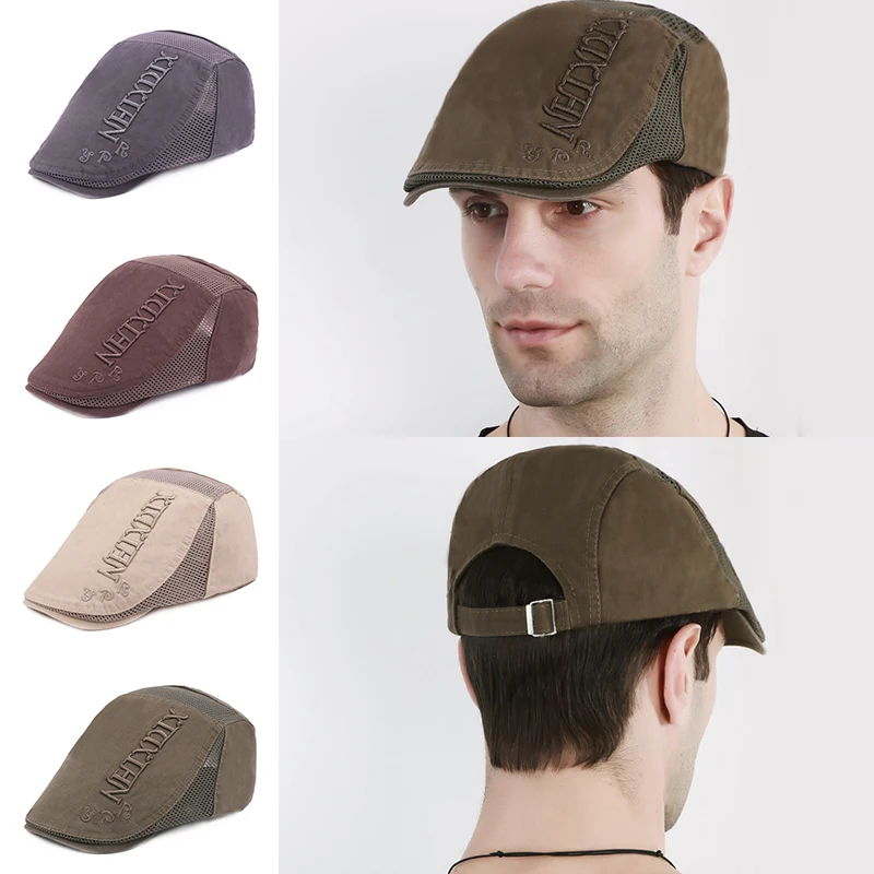 golf beret cap Retro Casual Summer Men's Mesh Beret Flat Hat Fashion Vintage Cotton Letter Flat Berets Breathable Visor Caps With For Men mens winter beret