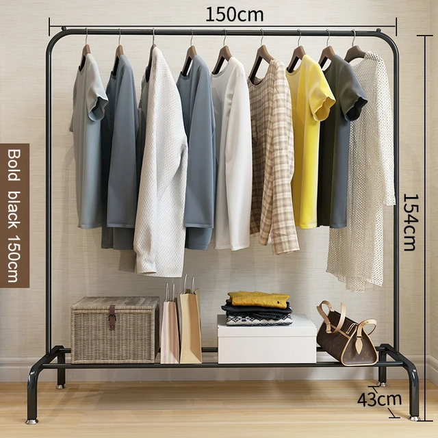 Garment Rack Floor Standing Clothes Hanger Double Pole Coat Rack Wardrobe Clothing Drying Rack Mobile Cloth Rail Home Furniture Black 150cm