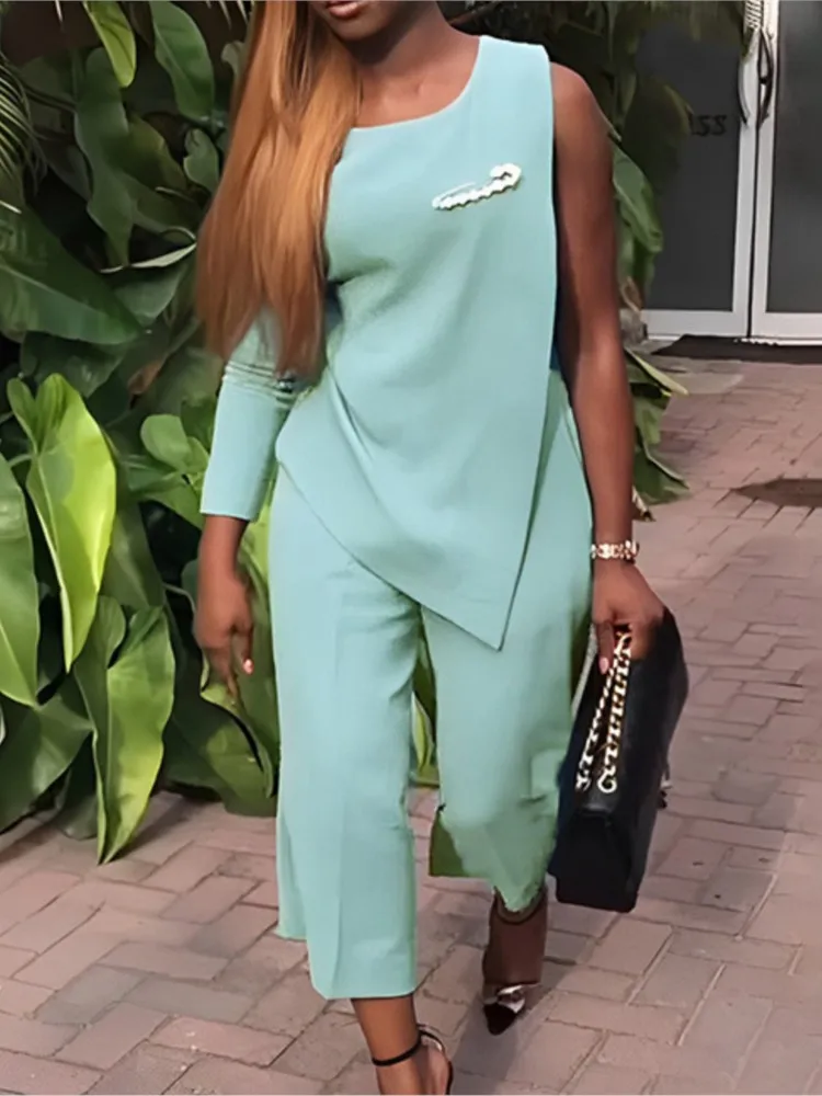 

Spring And Summer New Fake Two Solid Color For Women's Suit Sexy Fashion One Arm Long Sleeve Elegant Female Office 2 Piece Set