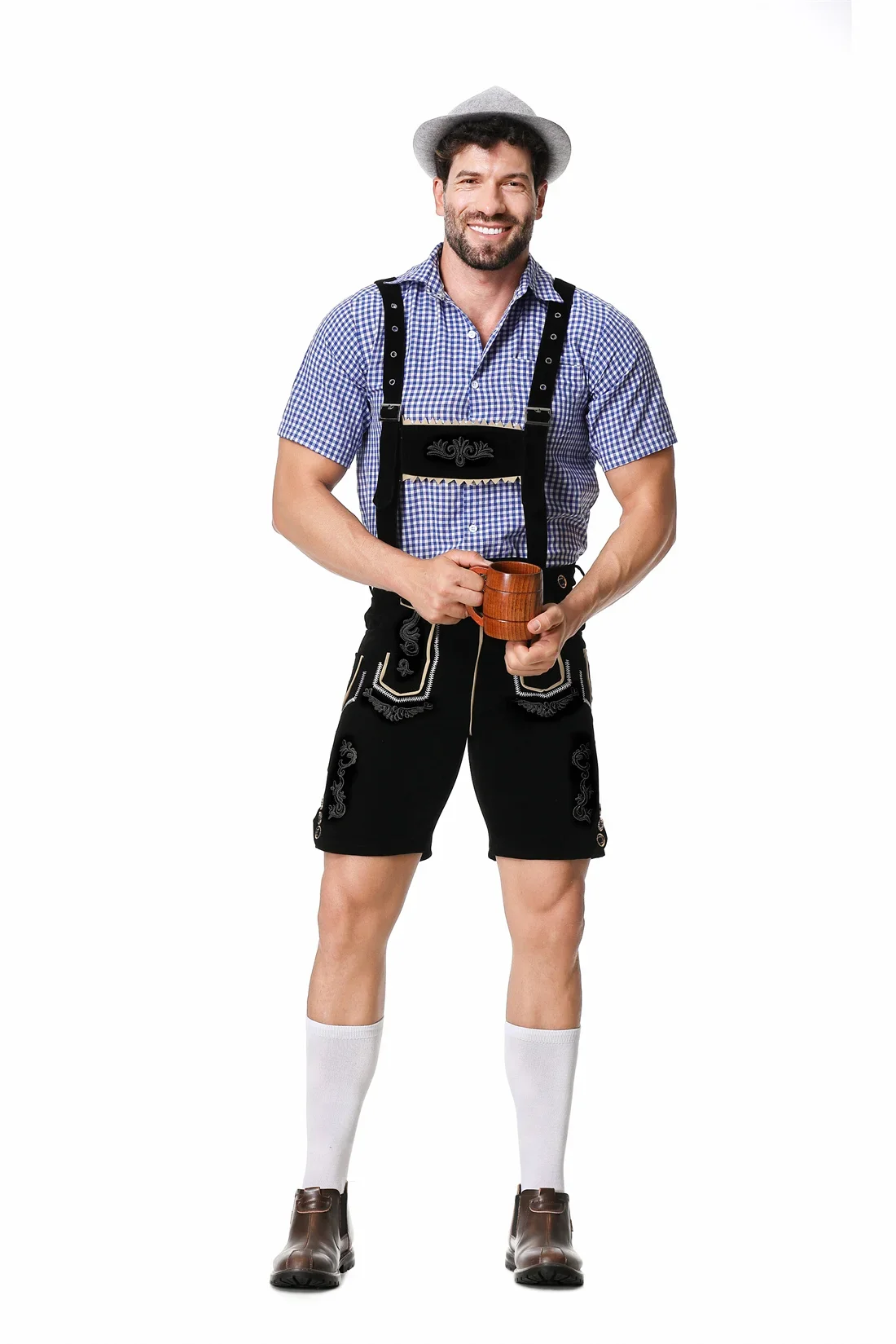 Cosplay Costume Men Festival Costume Set Male German Oktoberfest Lederhosen Costume Short Sleeve Suspenders Rompers Shirt Hat Bavarian Beer Festival Men Cosplay Outfit