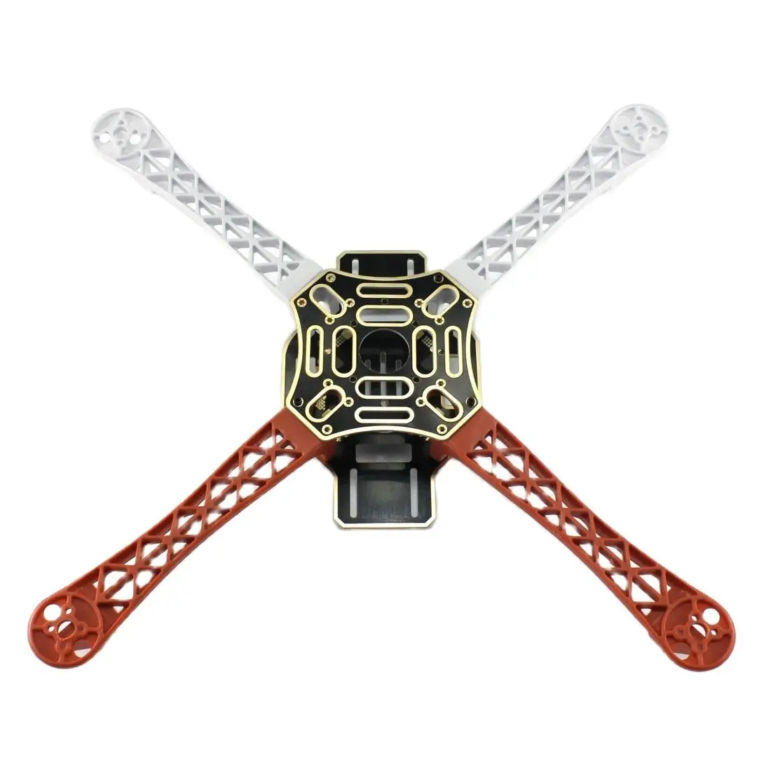 Plaques haut et bas du kit cadre F450 pour drone quadricoptère, empilées.