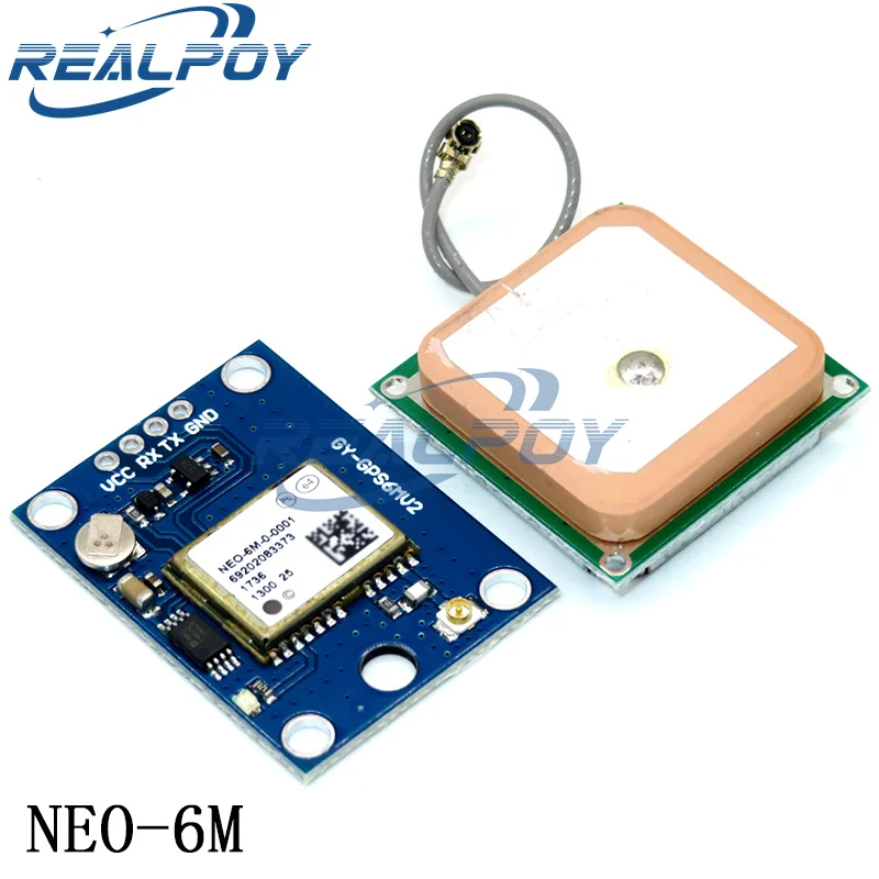 Module GPS NEO-6M NEO-7M NEO-8M avec antenne active, montrant les broches de connexion et le boîtier métallique.