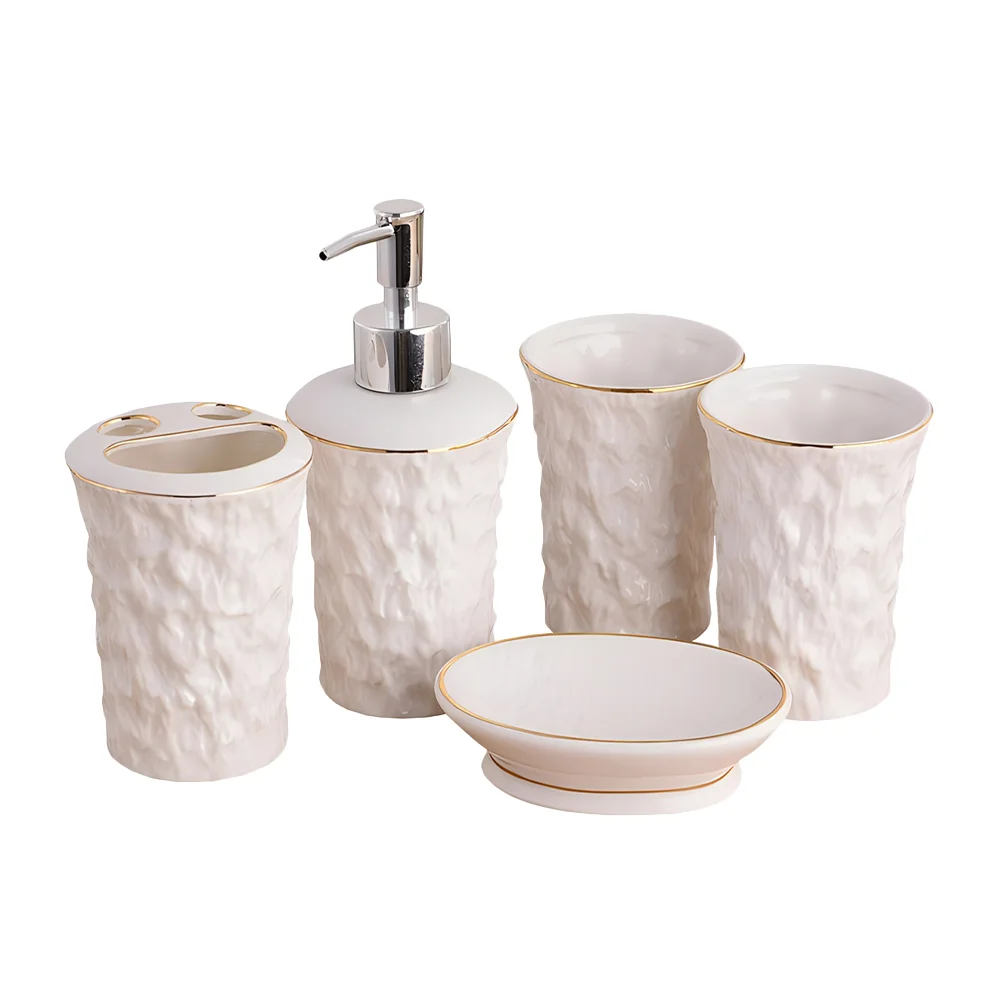 

Five Piece Bathroom Set Soap Bottle Shampoo Shower Pump Dispenser Ceramics Travel