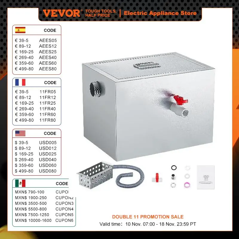 VEVOR 8/40LBS Commercial Grease Trap Grease Interceptor Side Inlet Interceptor Under Sink Stainless Steel Trap 2.8 GPM