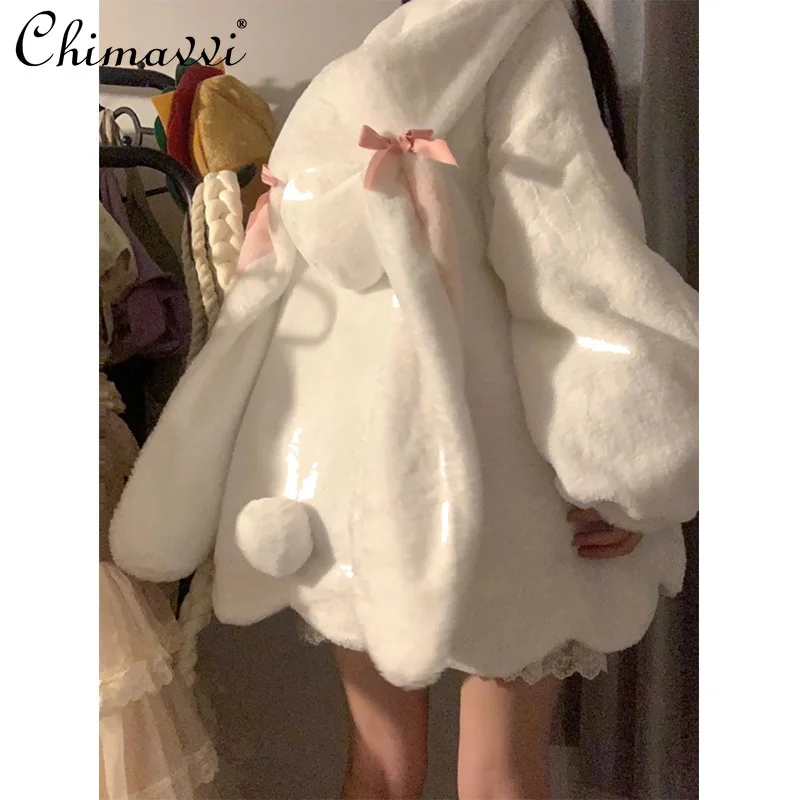 

Rabbit Ears Cute Furry Coat Women's Autumn Winter Fleece-Lined Lamb Wool Loose Warm Cotton-Padded Coat Student Elegant Jckets