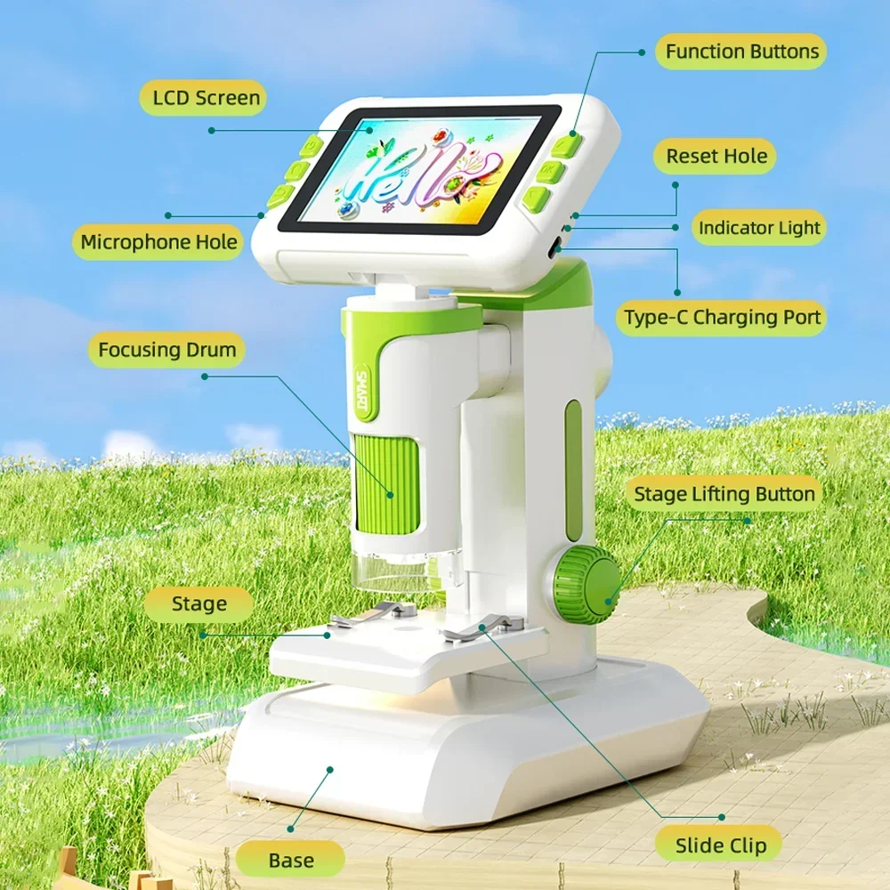 P01 Children's Hd Microscope Desktop Handheld 2-In-1 Portable Digital Microscope Science Experiment Biology Learn for Kids