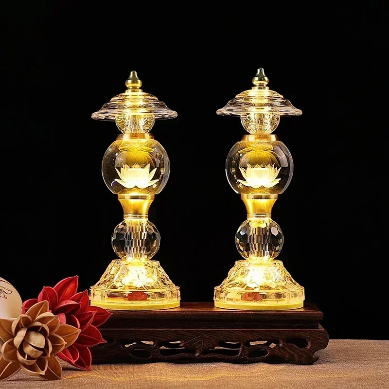 Household LED Crystal Ball Glass Lotus Lamp, Buddha Offering Lamp, Prayer, Feng Shui, Eternal Light of Buddha Hall, Tools