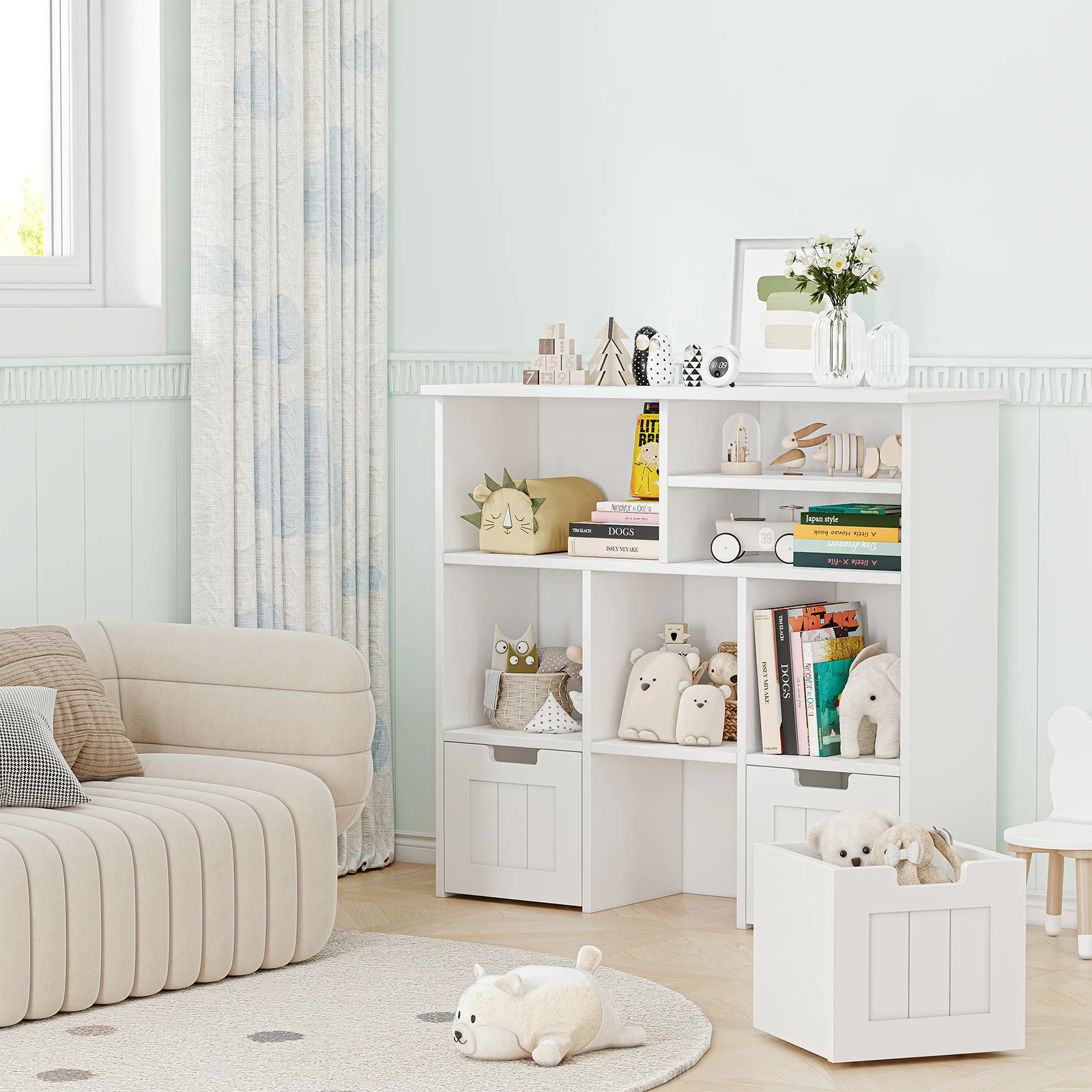 Kids Bookshelf Toy Storage Cabinet with 3 Movable Drawers & Hidden Wheels Toy Chest with 6 Storage Cubbies Toy Storage Organizer 5
