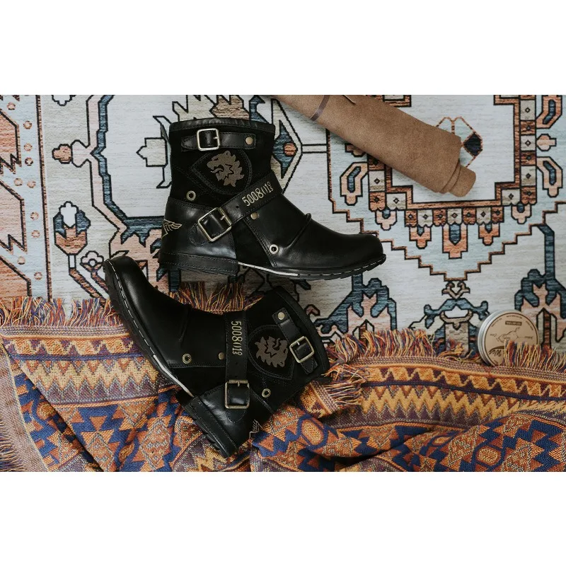 Fashion Men's Shoes Boots Warm Leather Vintage Motorcycle Male Boots Riding Retro Metal Style Zippers Men's Shoes motorcycle shoes motorcycle boots