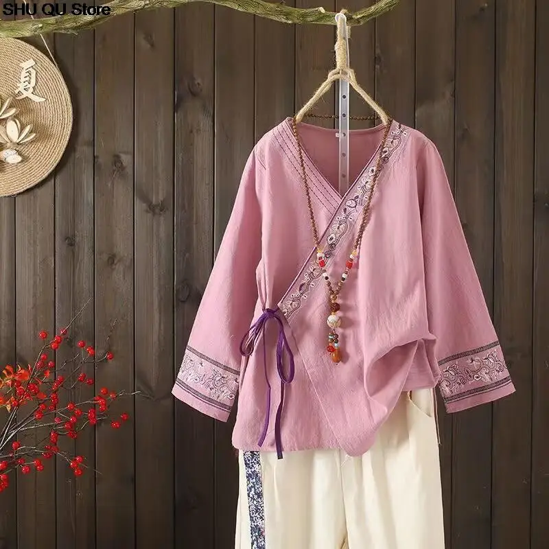 New Spring Chinese Traditional Tang Suit Female Costume Vintage Blouse Long Sleeve Lace-up Embroidery Top for Women Hanfu Blouse