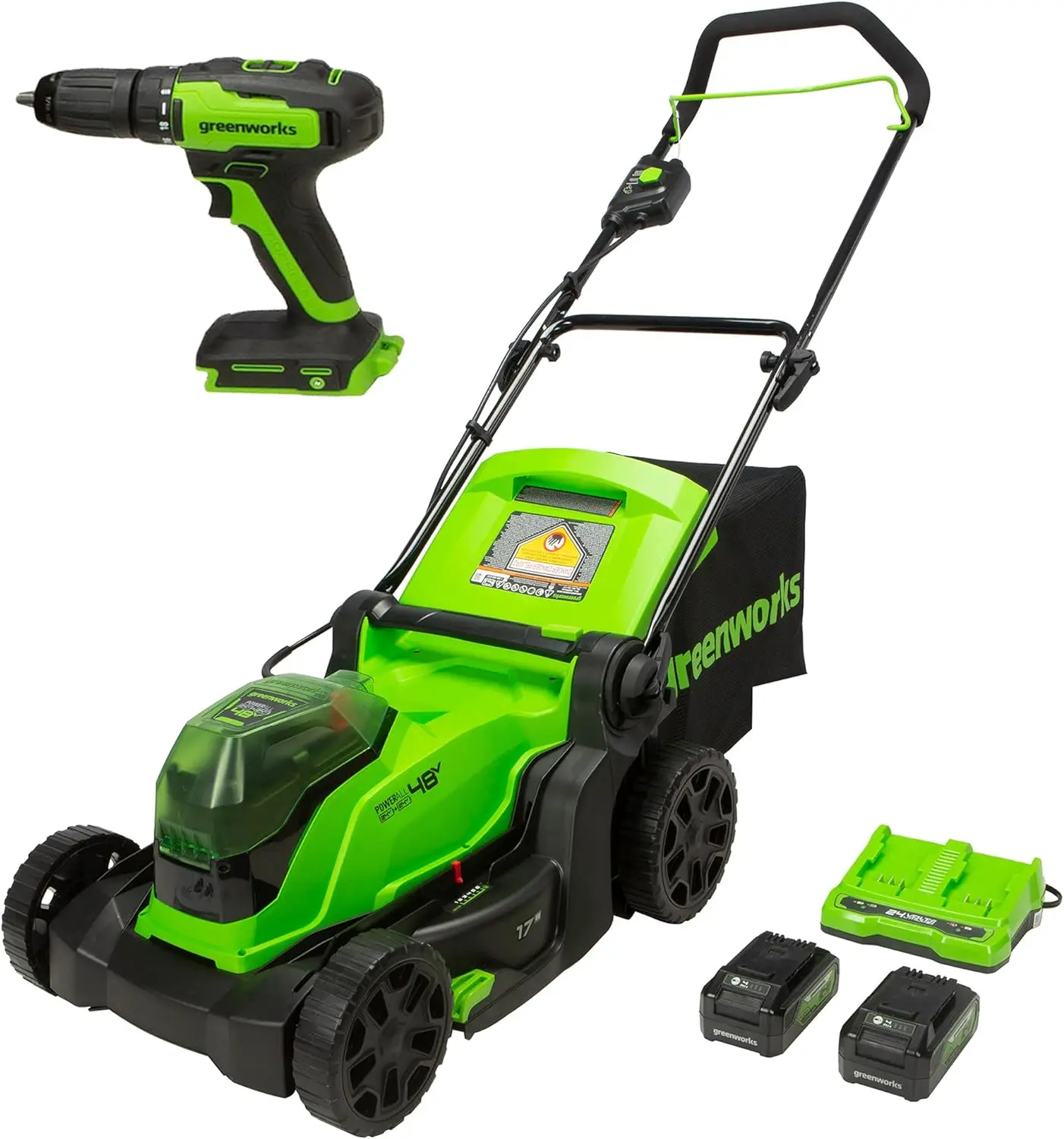 

Greenworks 48V (2 x 24V)17"Brushless Cordless Lawn Mower + 24V Drill / Driver,(2) 4.0Ah USB Batteries (USB Hub) and Dual Port Ra