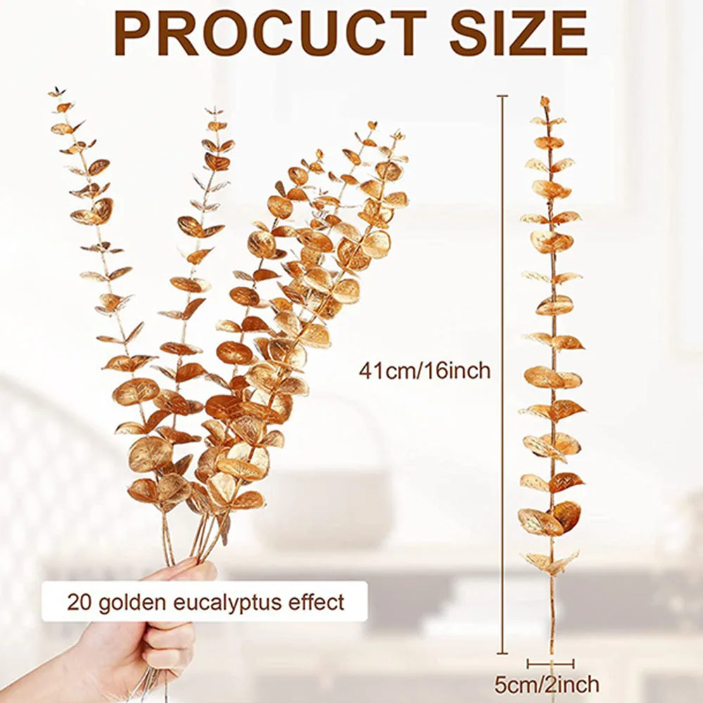 Set of 5 Artificial Gold Eucalyptus Stems for Wedding and Home Decor