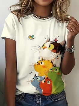 Colorful Stacked Cats Women's Tee - Cute Cartoon Feline Graphic, Playful Print for Casual Daily Wear 1