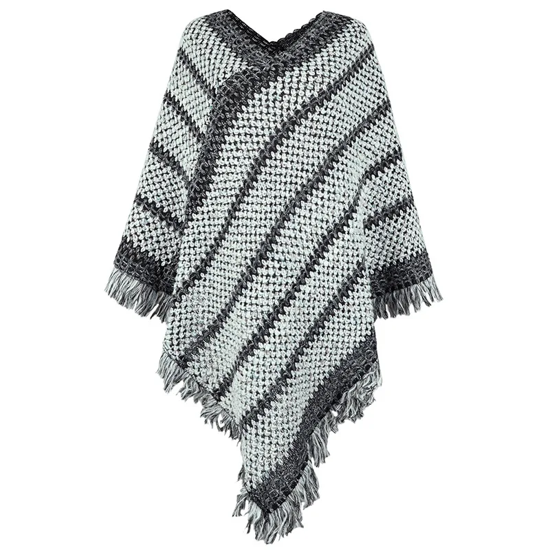 Autumn Winter New Style Color Contrast Striped National Style Tassel Pullover Cloak Poncho Lady Capes Light Gray Cloaks