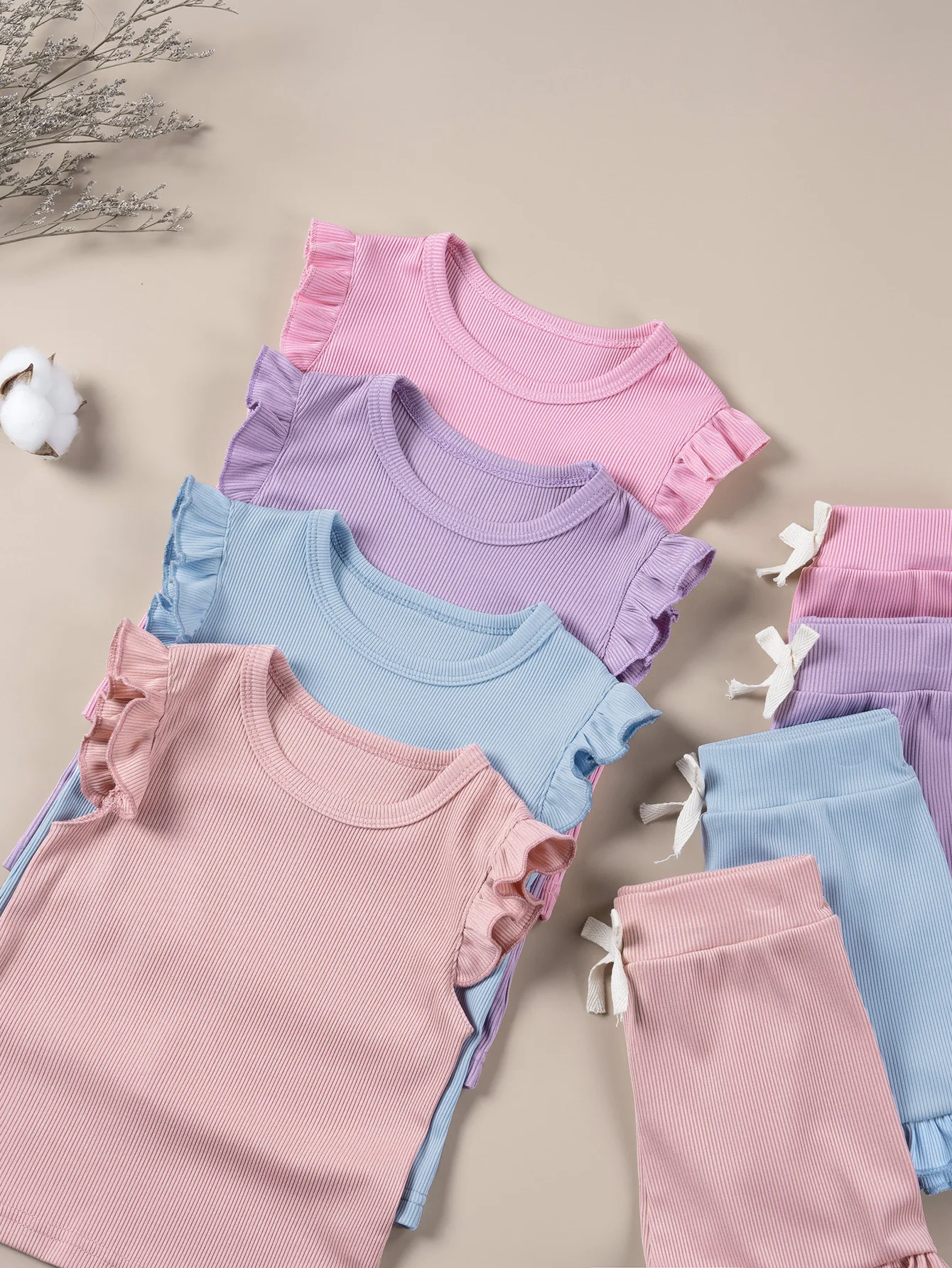 Sommer Einfarbig Kleinkind Ärmelloses Set Mädchen Dash Sleeve Top + Shorts Elastische Taille Kleidung Set 2 stücke Rüschen Kinder kleidung – Detail 1
