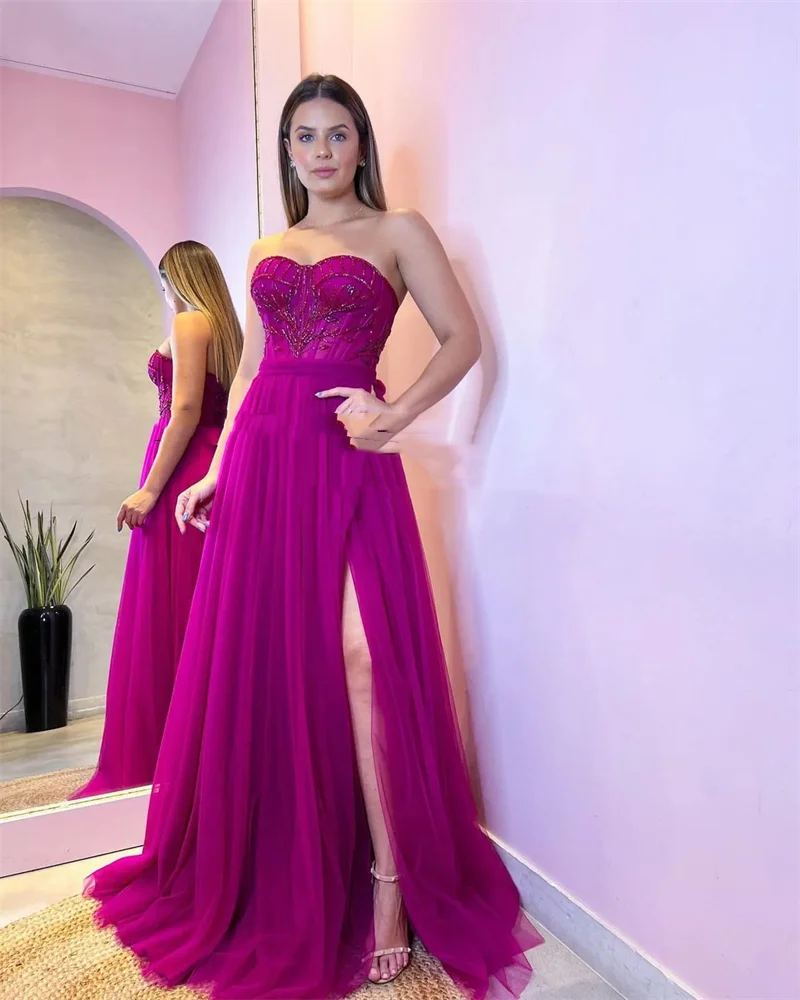 

A Line Tulle Prom Gowns Side High Silt Sweetheart With Beads Long Evening Dress Saudi Arabia Cocktail Party Dress For Womem