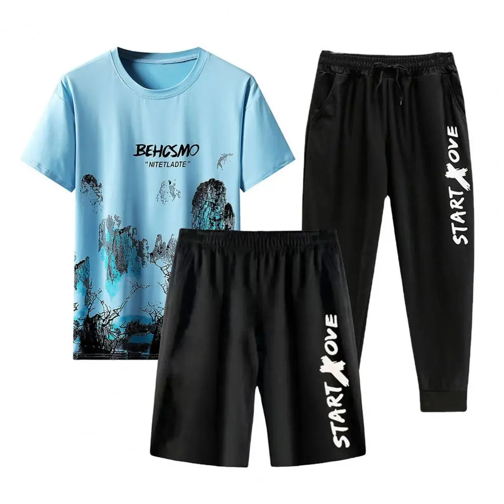 

Versatile Men Suit Men's Summer Casual Outfit Set with O-neck Short Sleeve T-shirt Loose Fit Shorts Two Piece Print Sports for A