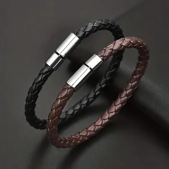 2PCS Black Plus Brown PU Leather Men's Magnetic Suction Bracelet Business The Mature and Elegant Gift for Men