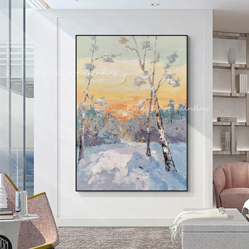 

Winter Snow tree outside with sunrise beautiful scenery Large Size 100% Handpainted thick Oil Painting Wall Art Home Decoration