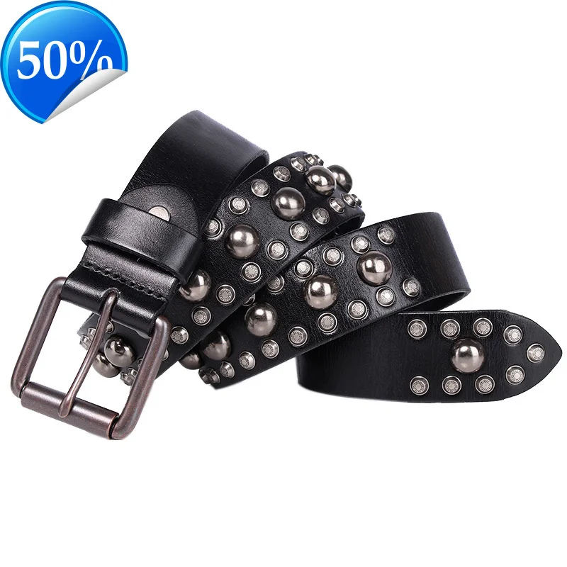 

3.8CM Heavy Metal Rivet Cowboy Punk Belt Genuine Leather Skull Jeans Belts For Men Vintage Strap Ceinture Homme Male