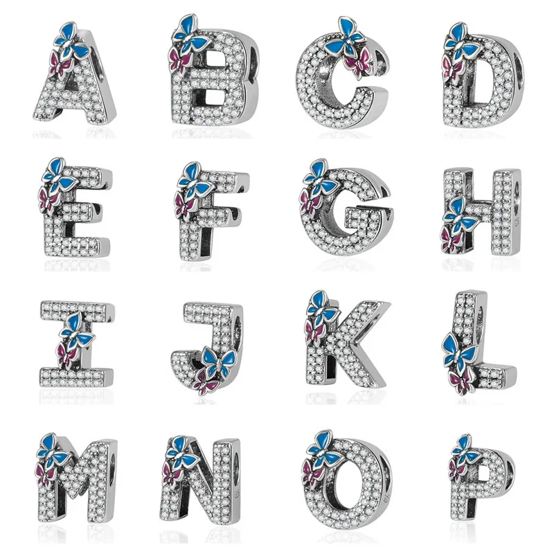26 English Letter Bangle Pendant Accessories Shiny CZ Zircon Blue Enamel Butterfly Alphabet Charms Stainless Steel Jewellery