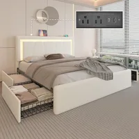 Queen Size Bed Frame with 4 Storage Drawers and LED Lights, Upholstered Platform Bed with Adjustable Headboard 1