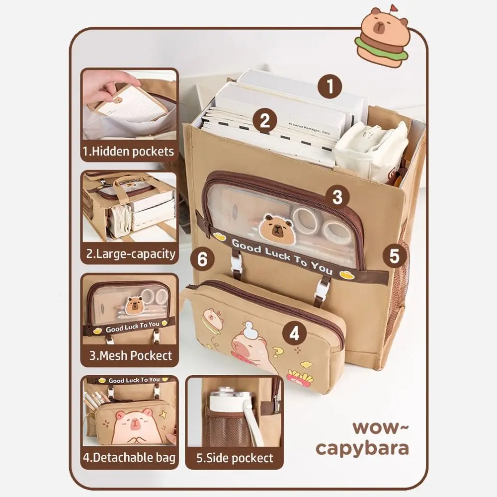 대용량 토트 학교 가방, 방수 6 단 문구 보관 가방, 카피바라 휴대용 학생 튜토리얼 가방