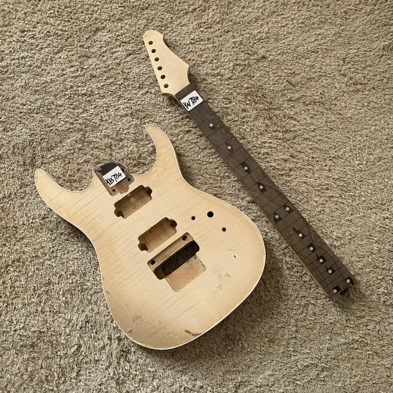 Unfinished Floyd Rose Style Electric Guitar Kit Maple With Rosewood NO Fret Neck Flamed Body