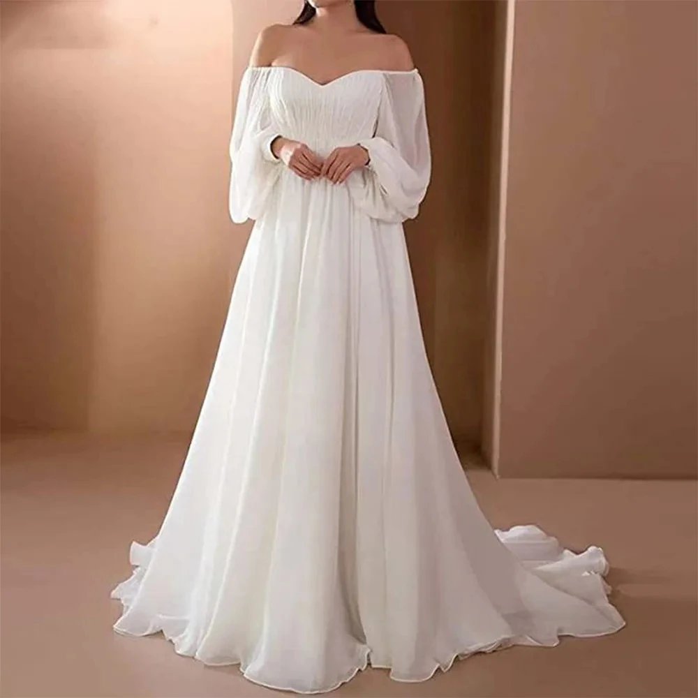 

Ryanth Simple Strapless Wedding Dresses Puff Sleeves Backless Chiffon Bridal Gowns Robe De Mariee Court Train For Elegant Women